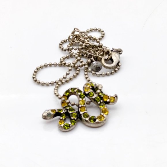 Vintage Pave Crystal Coiled Snake Pendant Necklace, Yellow and Green on Silver T - Picture 4 of 5